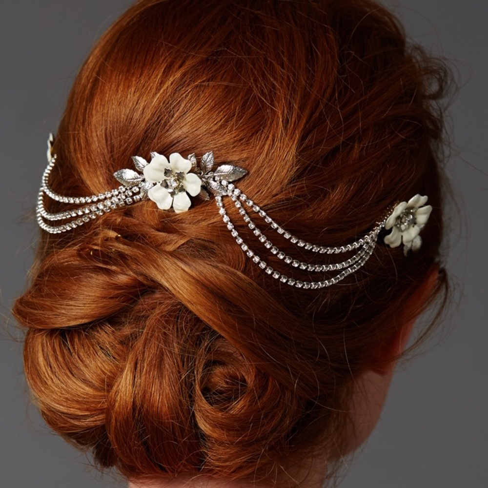Triple Comb Enamel Bridal Headpeice Crystal Swags